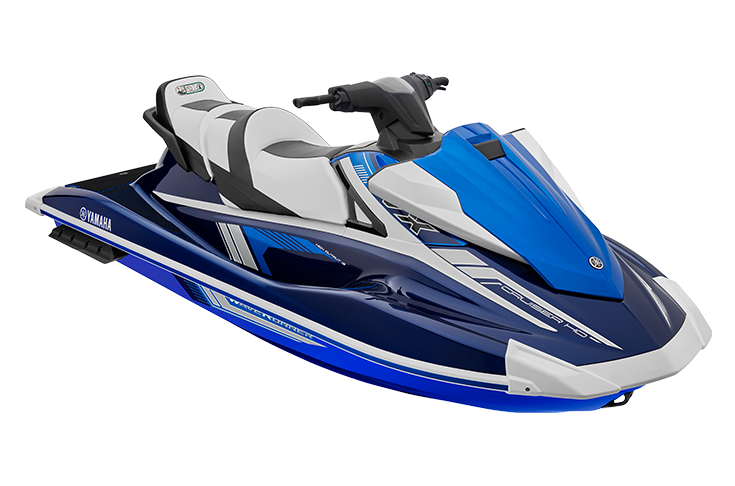 A blue and white jet ski on a white background.