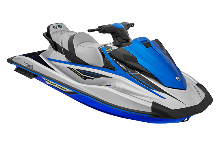 A blue and white jet ski on a white background.