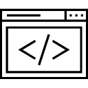 A black and white icon of a computer screen with html code on it.