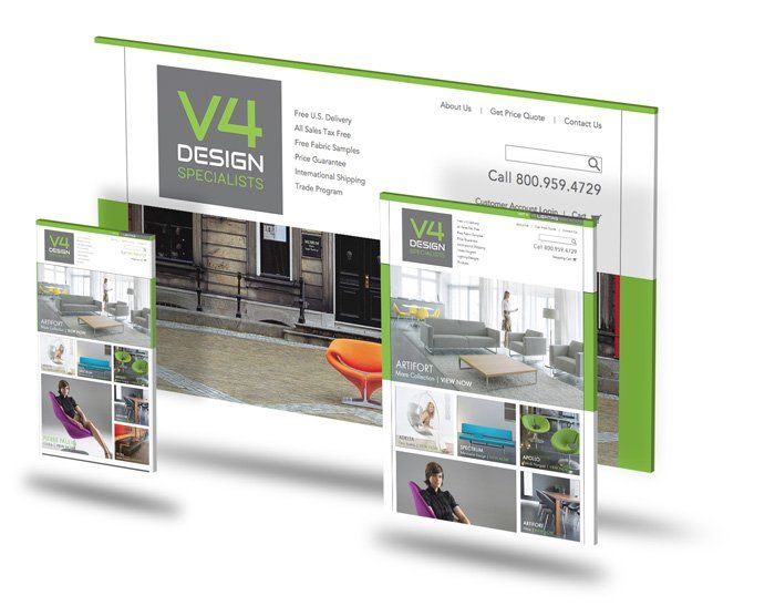 A v4 design website is displayed on three different devices.