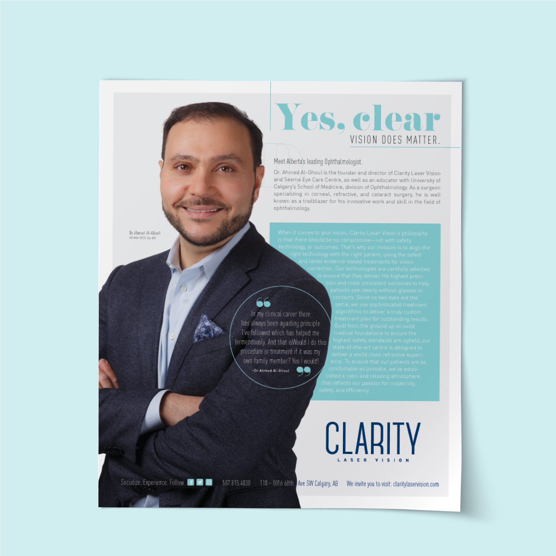 A man in a suit and tie is on a poster for clarity