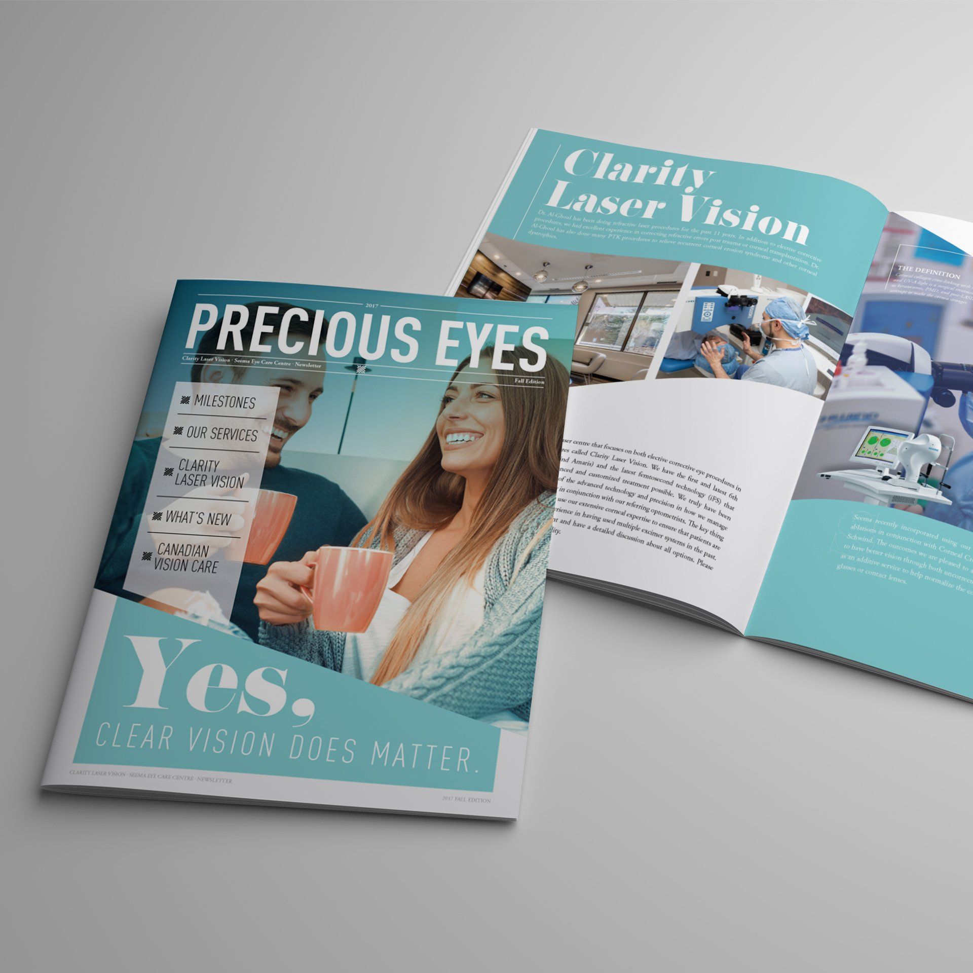 A magazine is open to a page that says precious eyes yes.