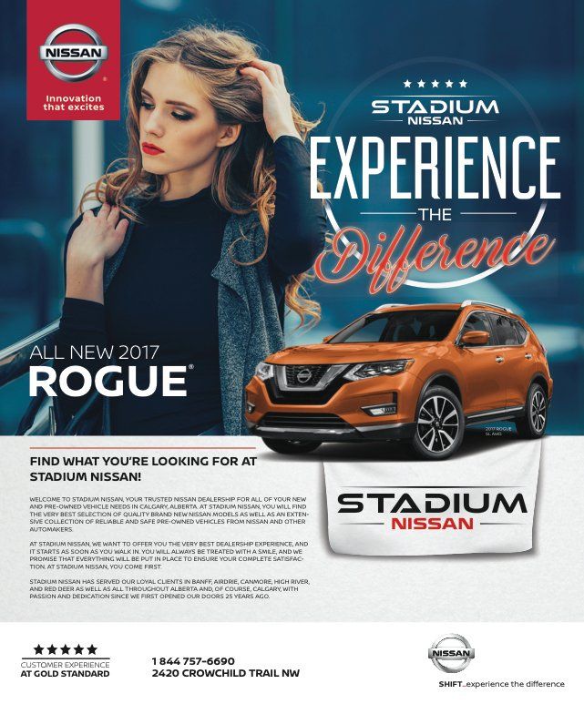 An advertisement for a nissan rogue suv with a woman on it.