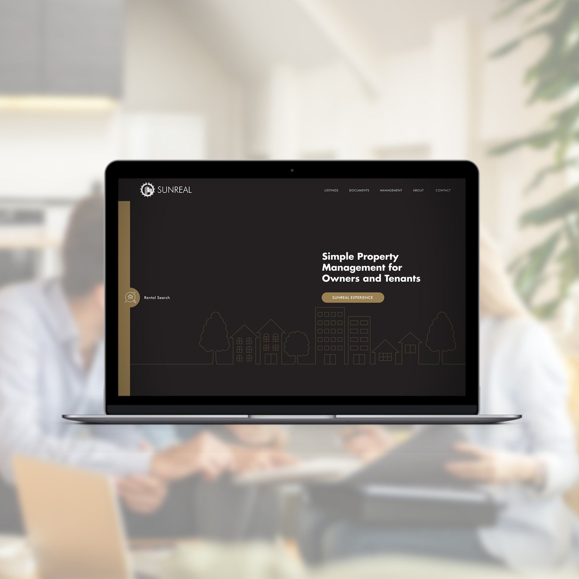 A laptop is open to a page that says simple property management for owners and tenants