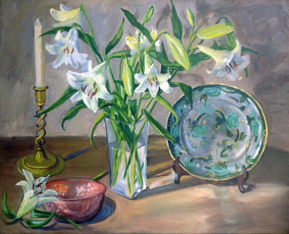 Lilies with Spode Plate - Dorothy Fisher