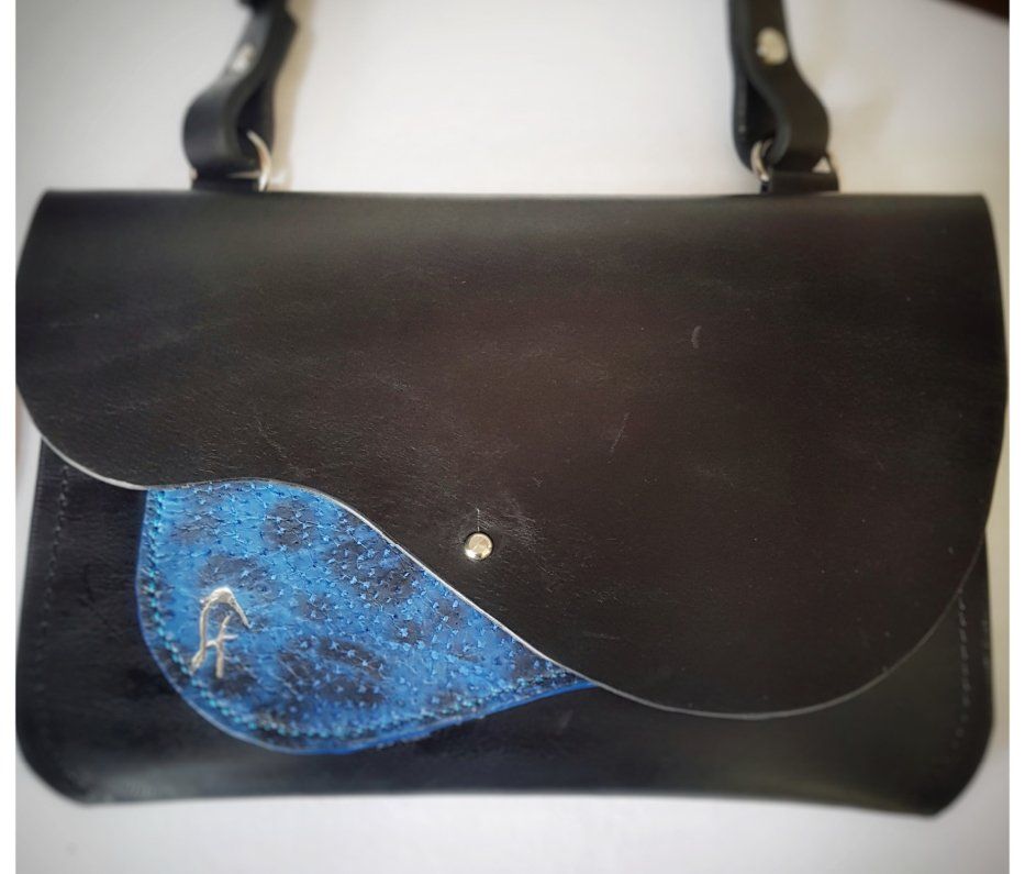 Kelly Espindola - Black Leather and Blue Wolf Fish Leather Bag