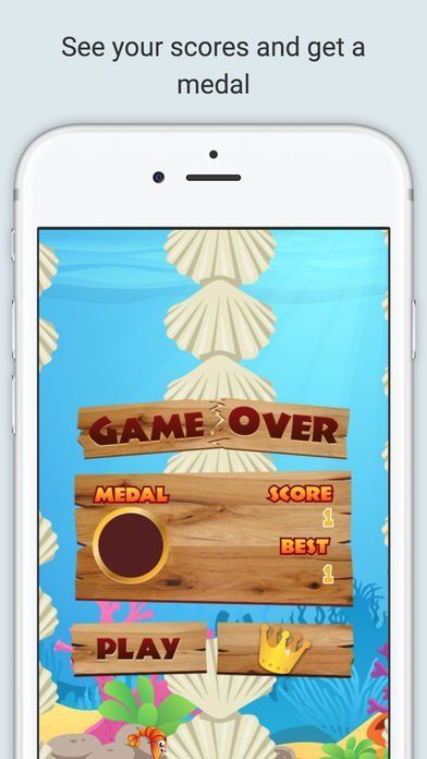 Game over screen on a smartphone with a cartoon ocean theme. Features a 