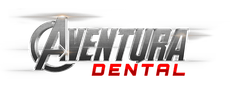 Aventura Dental logo in metallic gray and red text on a white background