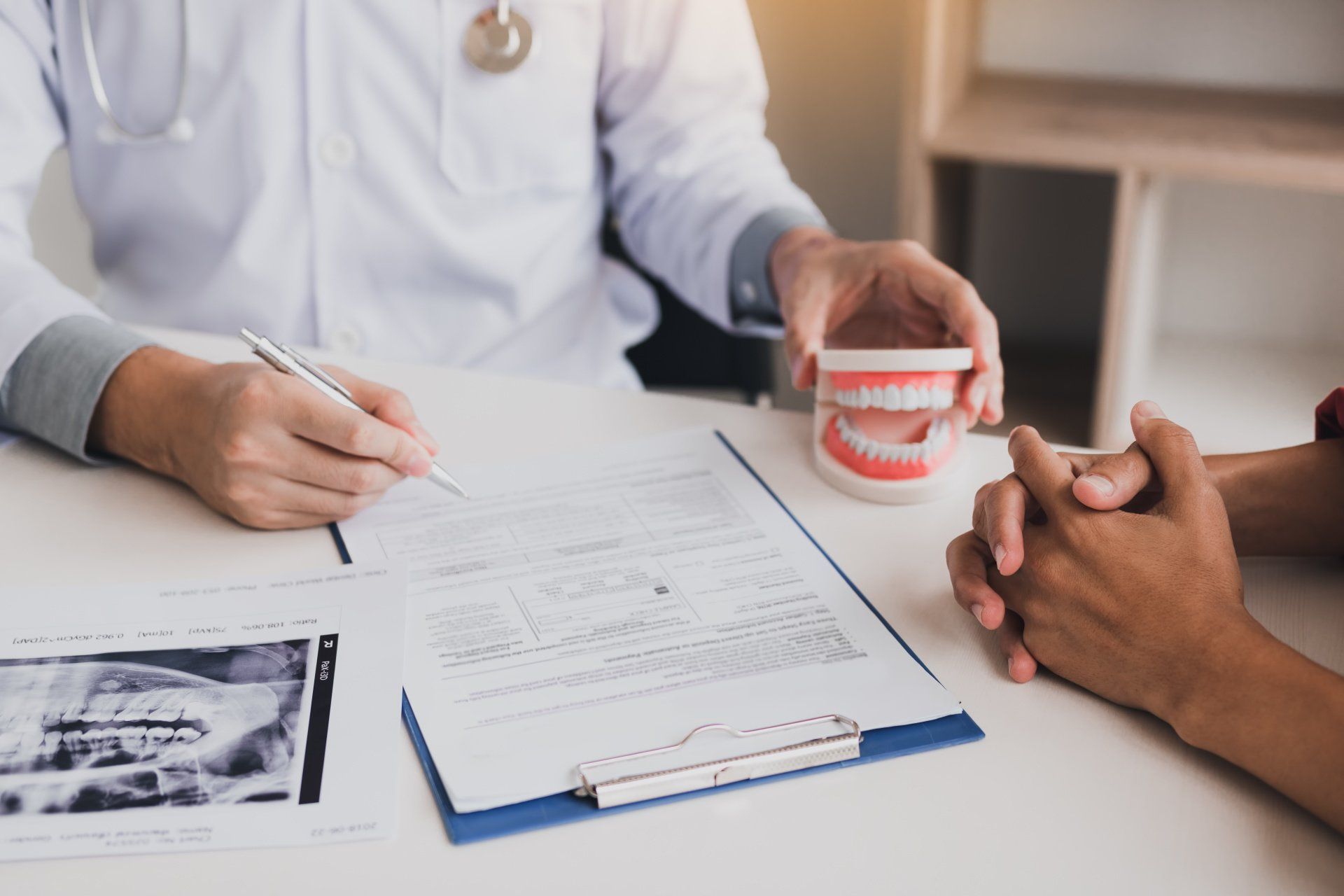 A dentist is talking to a patient while holding a model of teeth.