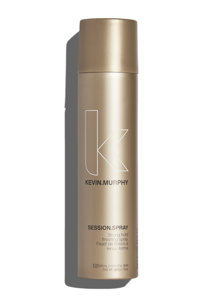 Gold hairspray bottle with white logo and product details on a white background.
