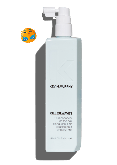 Bottle of Kevin Murphy Killer.Waves curl enhancer. White and turquoise. Small smiling figure.