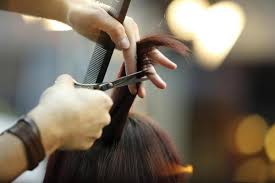 Hairdresser's hands cutting dark hair with scissors and a comb in a salon setting.