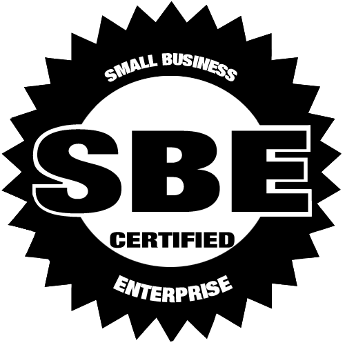 Black and white Small Business Enterprise (SBE) Certified emblem, featuring text and starburst outline.