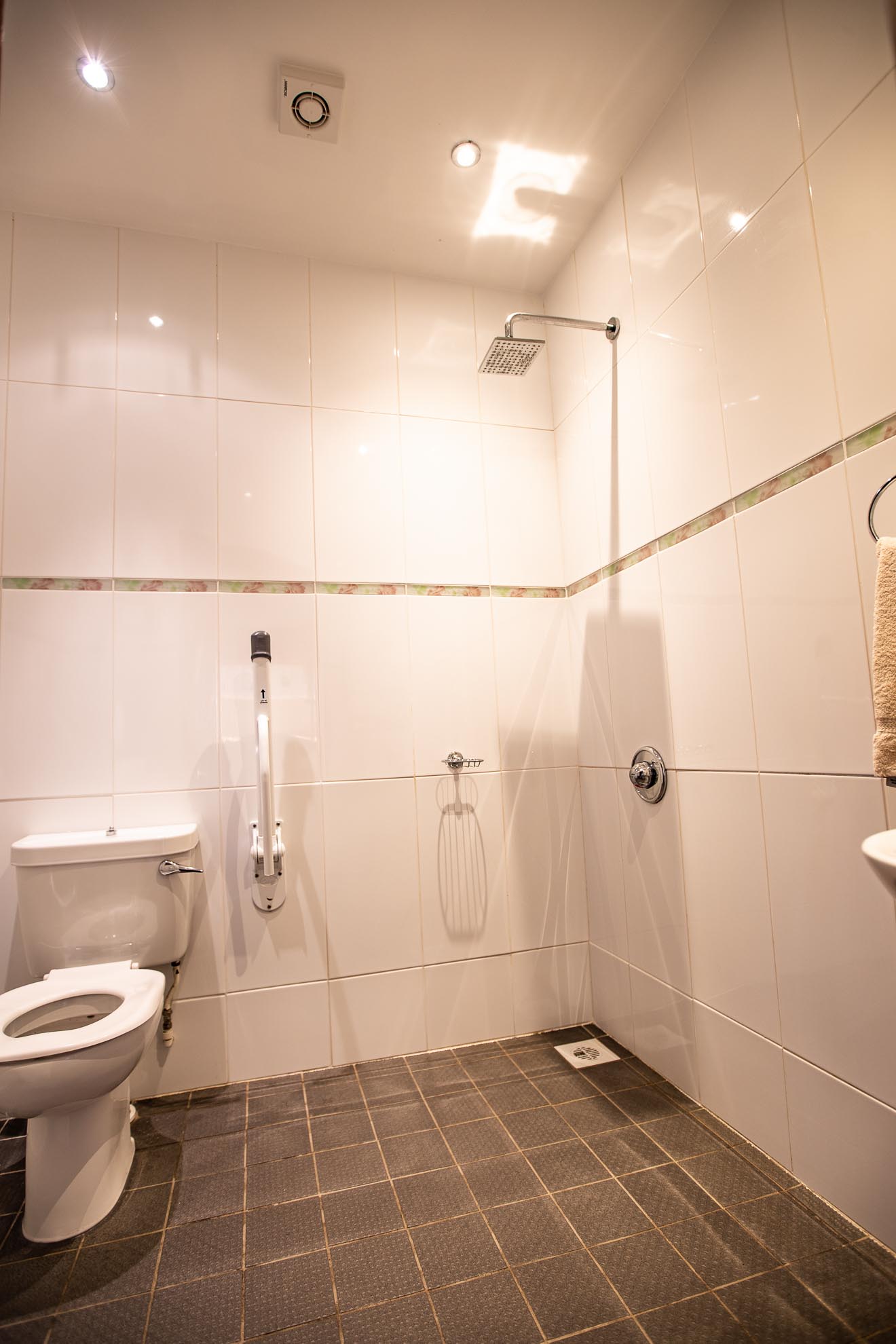 Bathroom with a toilet, shower, and tiled walls and floor.