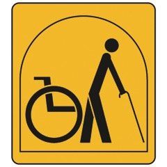 Yellow sign with black silhouette of person using a cane and wheelchair under an arch.