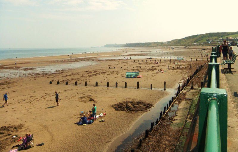 Beach scene with sand, water, and people; wooden posts in a line; sunny day.