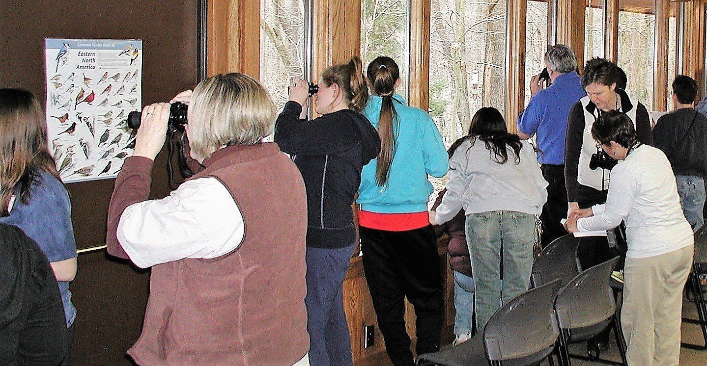 A group of people are looking through binoculars at birds