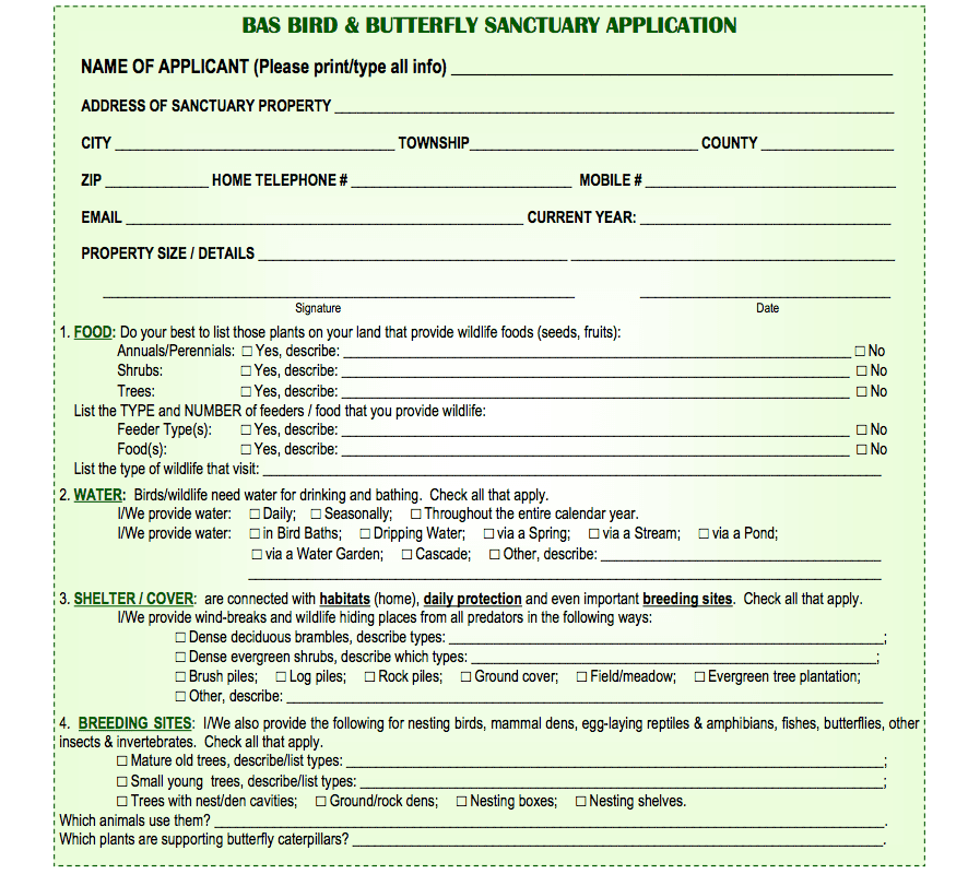 A form for a bird and butterfly sanctuary application