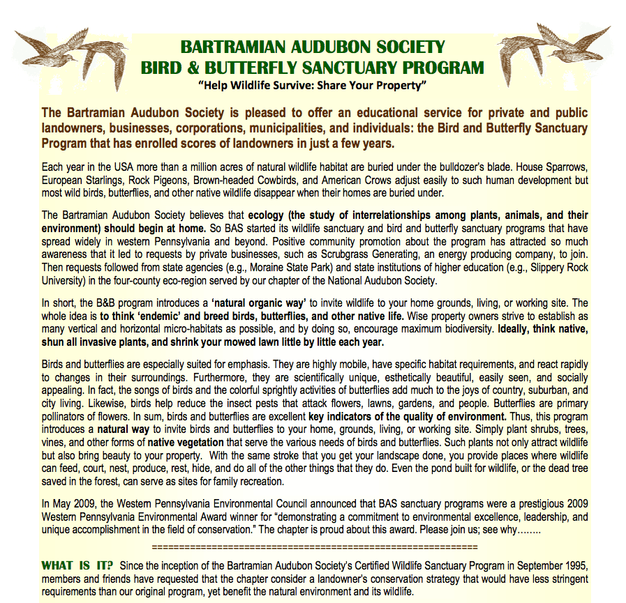 A brochure for the bartramian audubon society bird and butterfly sanctuary program