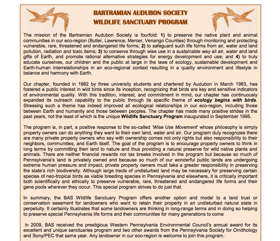 A poster for the barthman aldubon society wildlife sanctuary program