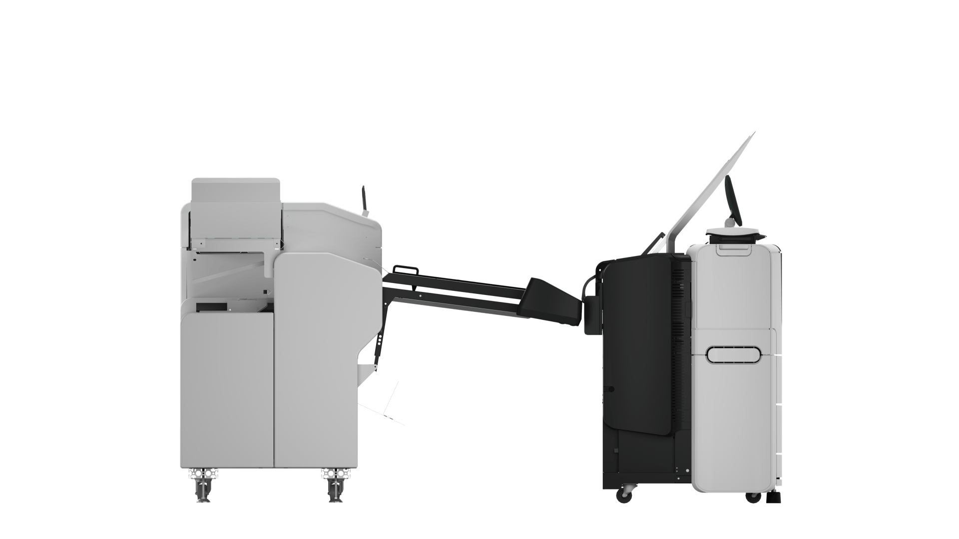 Large format printer, gray and black, connected by arms, on wheels, against a white background.