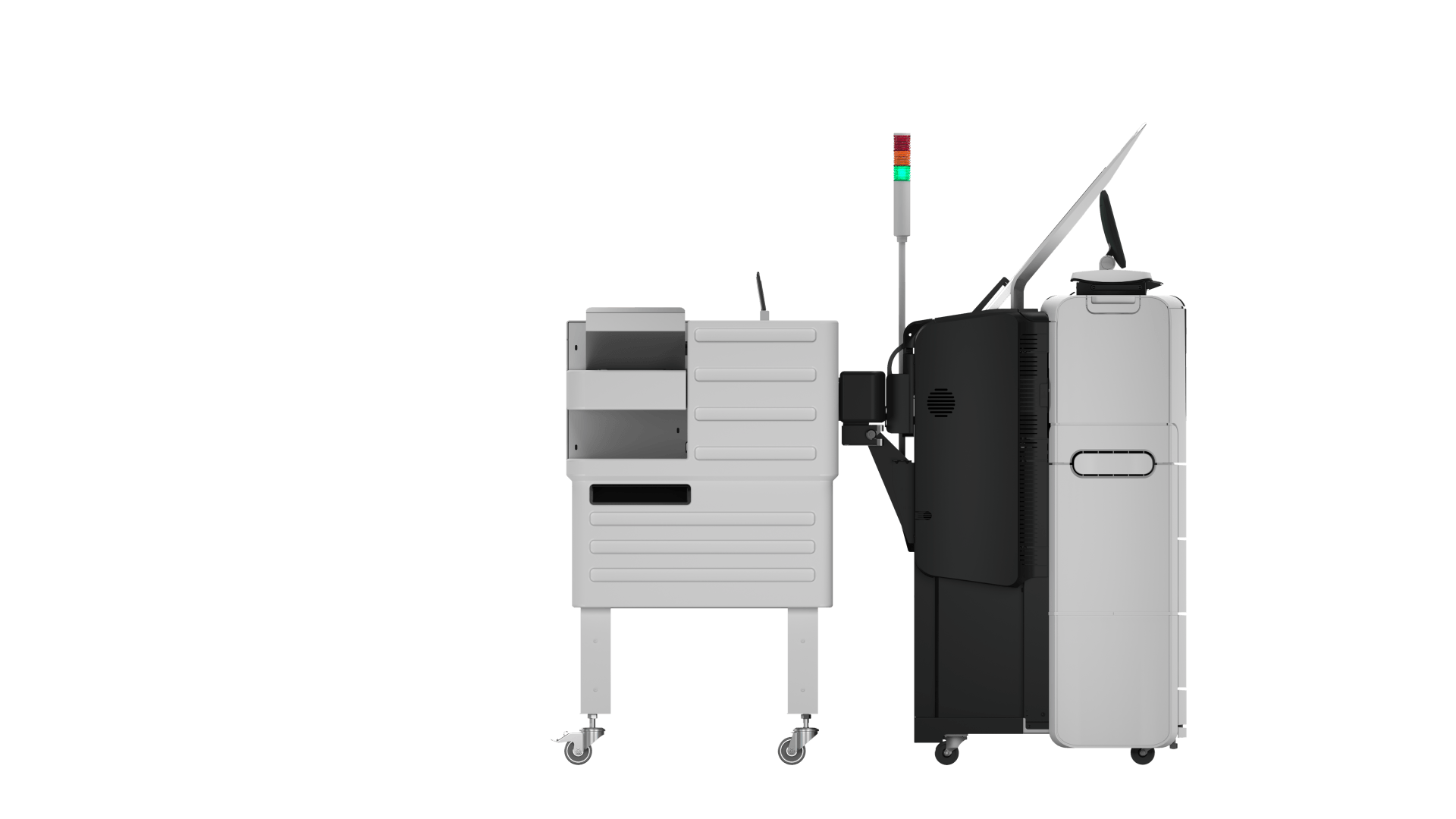 White and black industrial printer with a stack of trays, a light tower, and a tilted output tray.