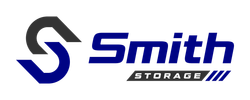 the logo for smith storage is blue and black on a white background .