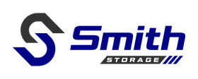 the logo for smith storage is blue and black on a white background .