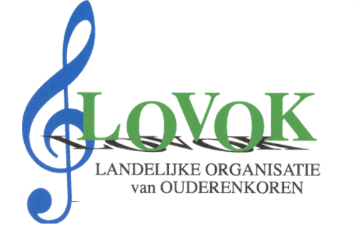 Logo for LOVOK, a Dutch organization for senior choirs. Features a blue treble clef, green text 
