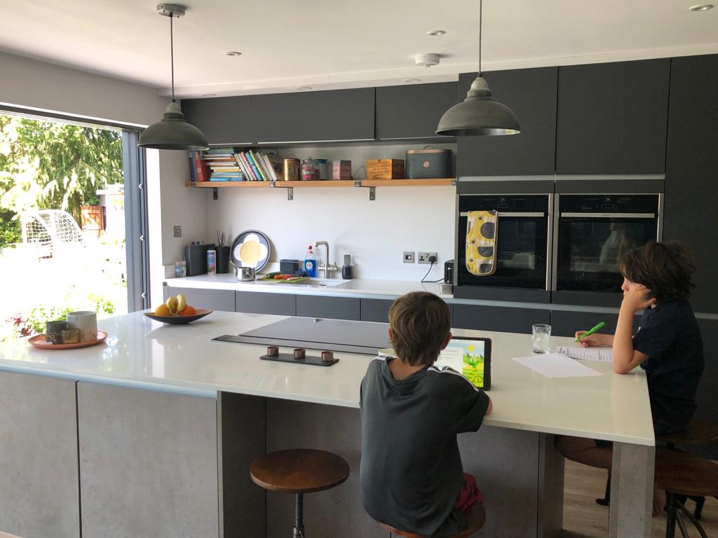 Modern concrete & charcoal family kitchen for Nicki Bennet, Newbury, in 2017