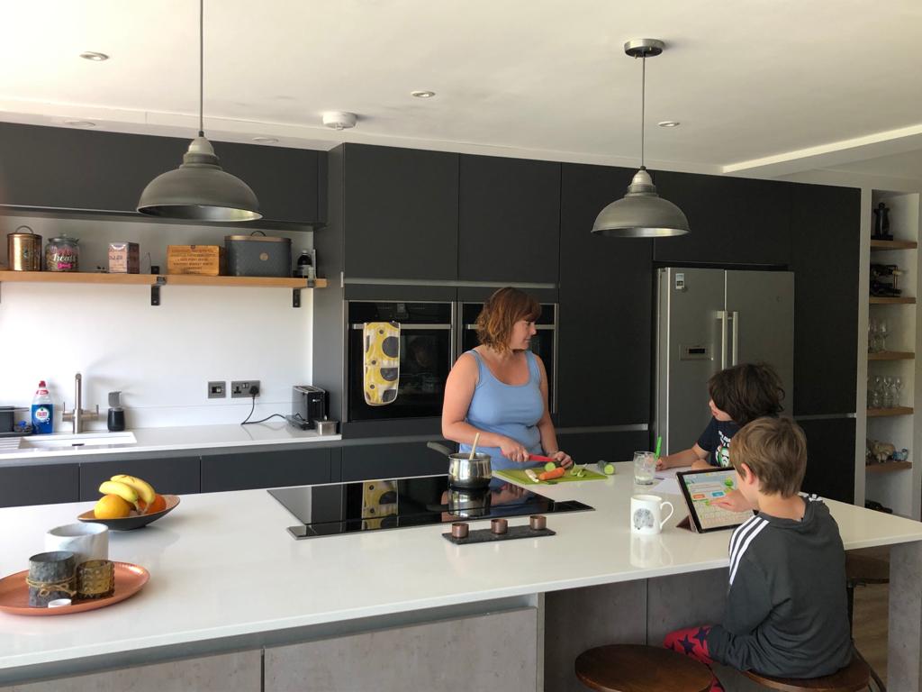 Modern concrete & charcoal family kitchen for Nicki Bennet, Newbury, in 2017