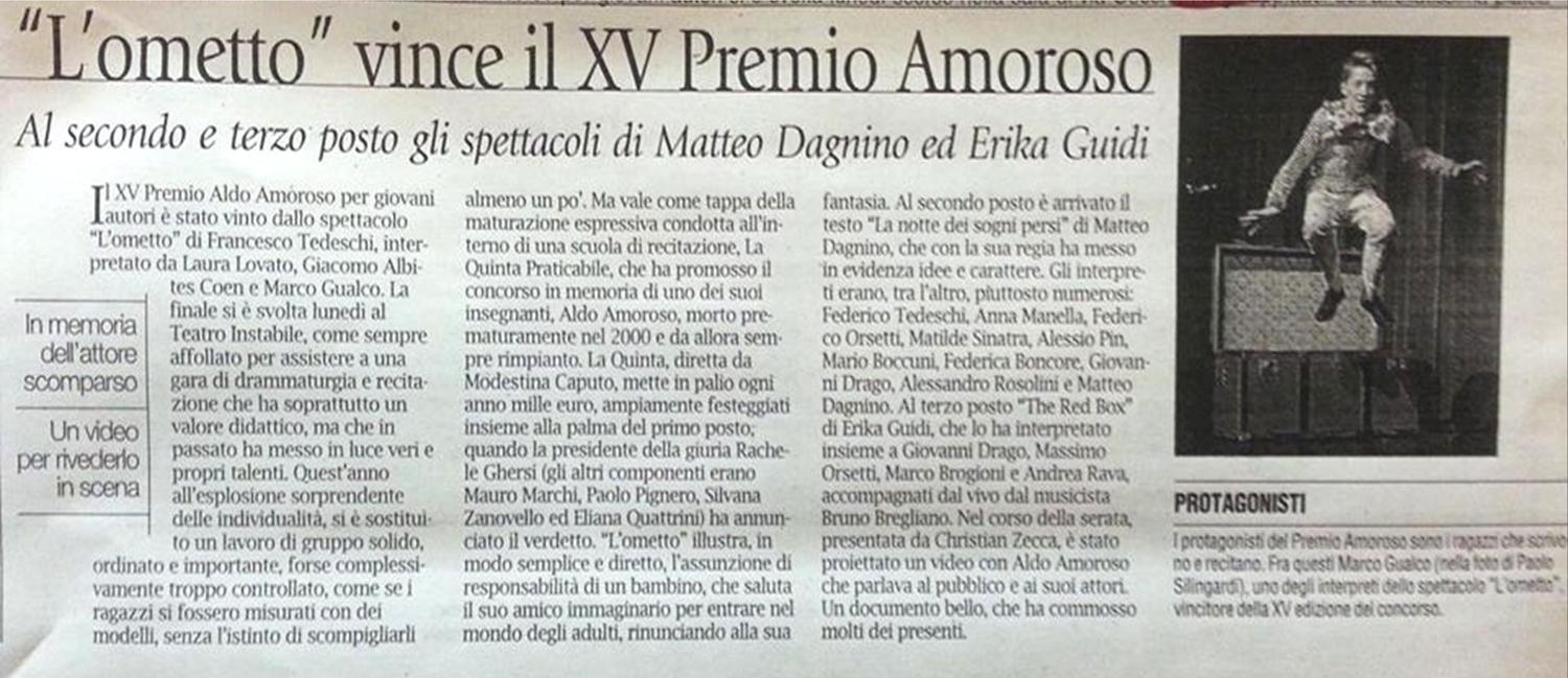 Articolo 'L'ometto vince il XV Premio Amoroso'
