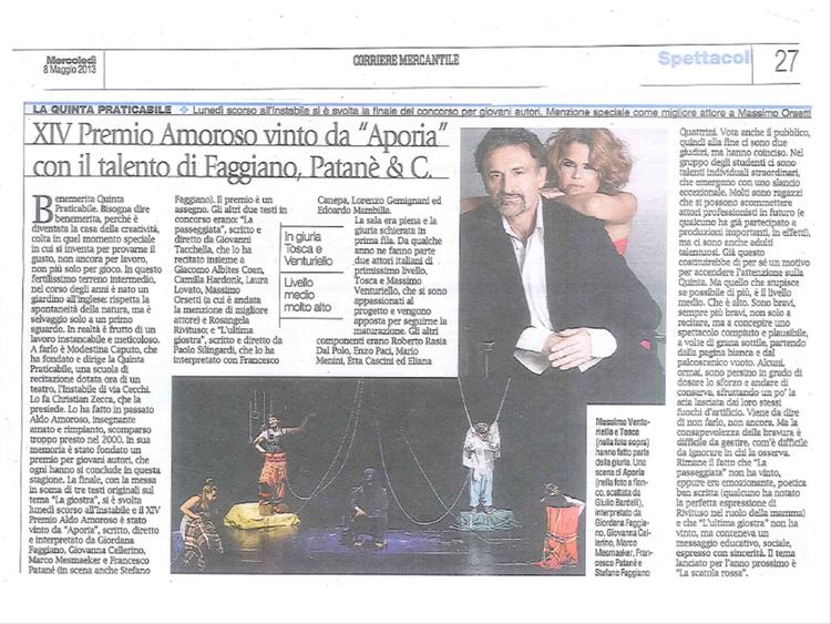 Articolo 'XIV Premio Amoroso vinto da Aporia con il talento di fagiano, patanè & C.'