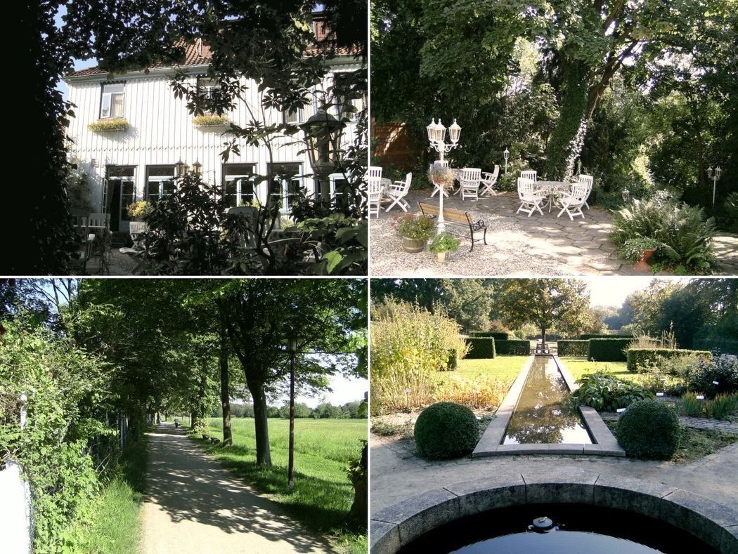 Eine Collage aus vier Bildern eines Hauses und eines Gartens