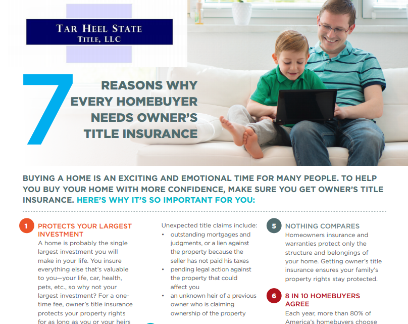 Blue-and-orange flyer: “7 reasons why every homeowner needs owner’s title insurance,” with a father and child on a laptop.