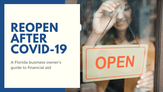 Business woman putting an open sign on window. Text says 'reopen after COVID-19'