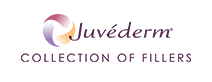 Juvederm logo: abstract circular design in purple, white, and gold; text