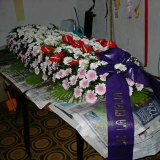 allestimento gerbere rosa e anthurium per cofano funebre