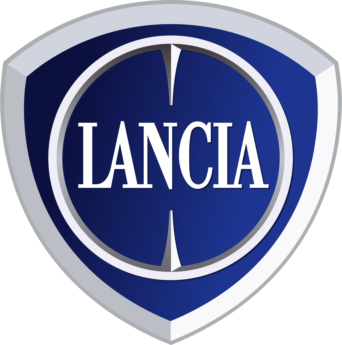 Logo del marchio automobilistico Lancia in uno scudo blu e argento con scritte bianche.