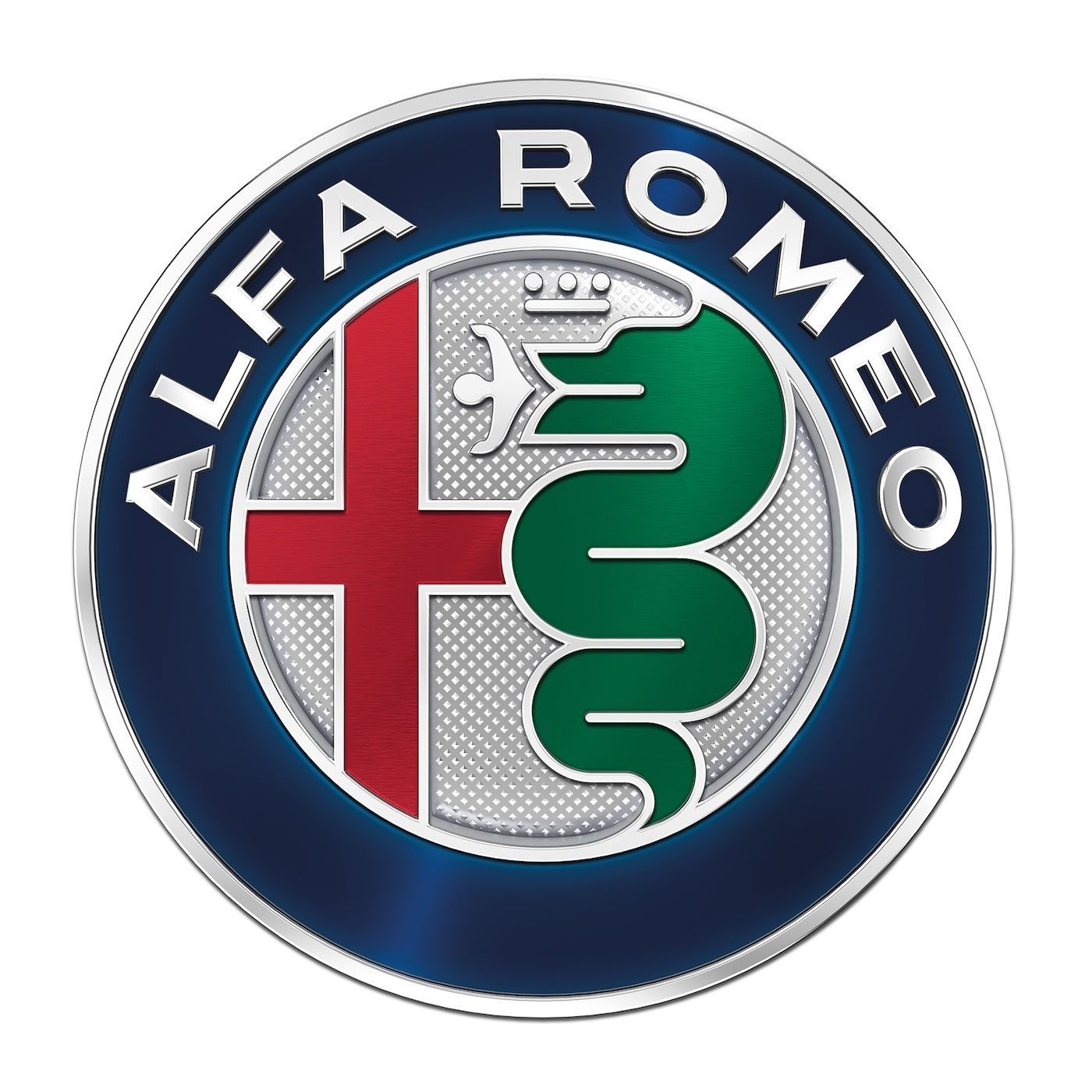 Logo Alfa Romeo con bordo blu navy, croce rossa, serpente verde e scritta bianca “ALFA ROMEO”