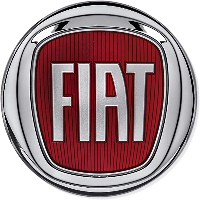 Logo Fiat: stemma ovale rosso con bordo cromato e scritta bianca.