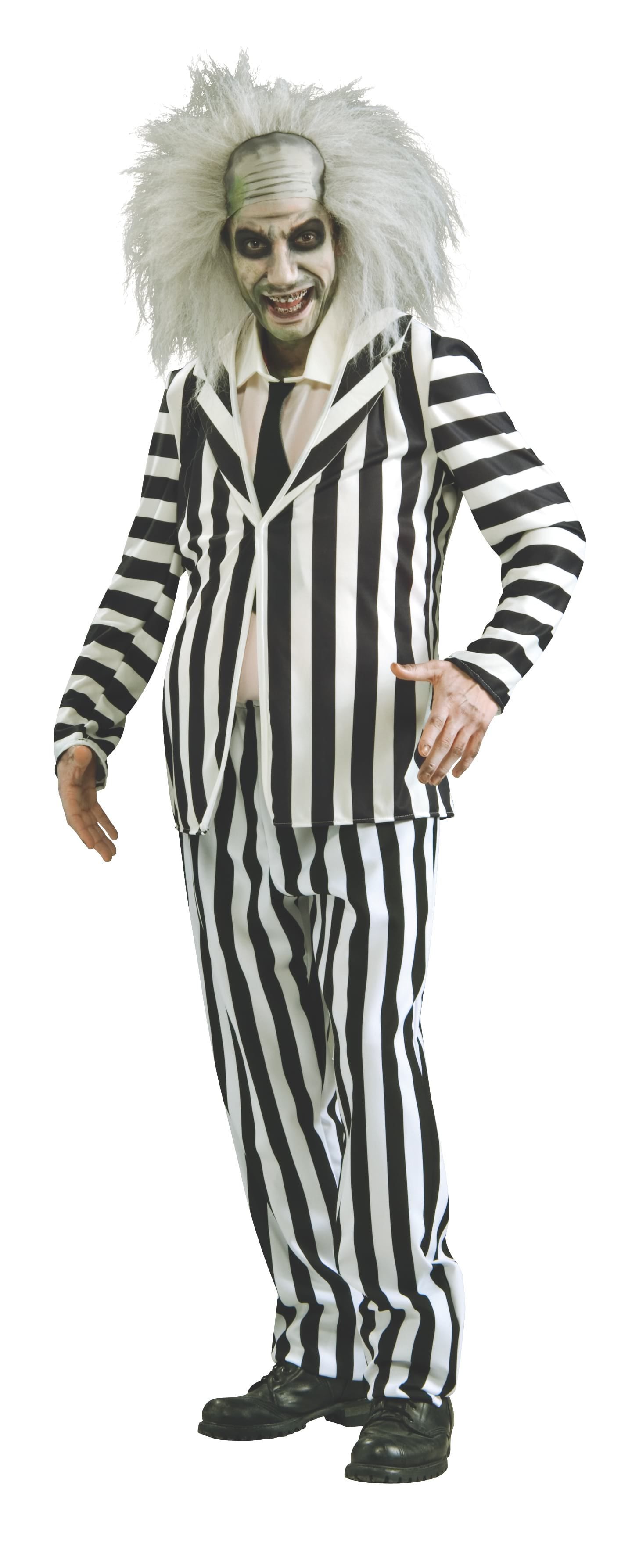 A man is wearing a black and white striped suit and tie.