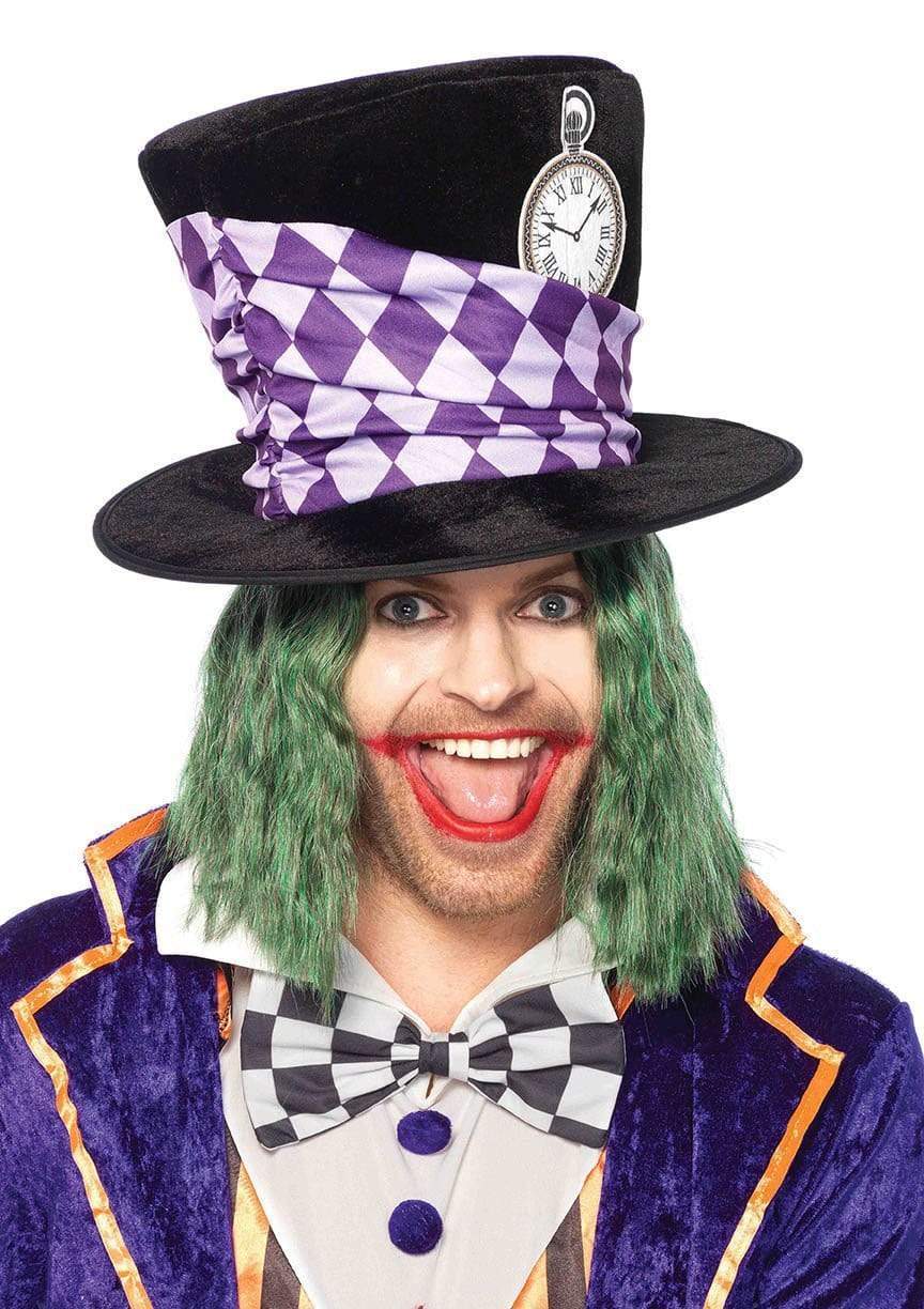 A man in a mad hatter costume is wearing a purple top hat.