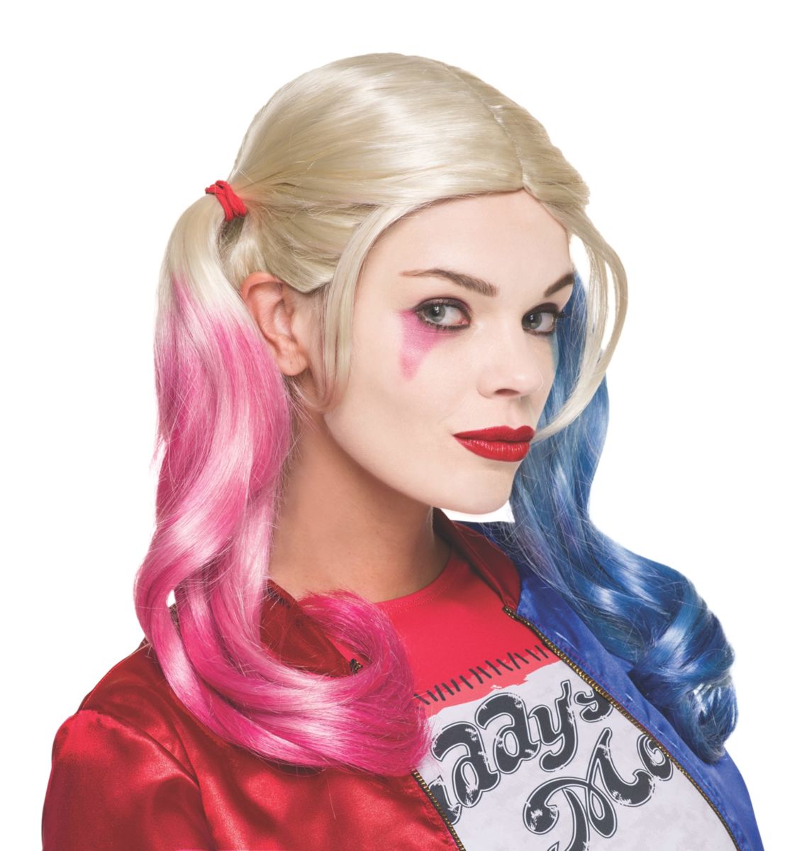 A woman wearing a harley quinn wig and daddy 's little shirt