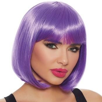 A woman is wearing a purple wig and red lipstick.