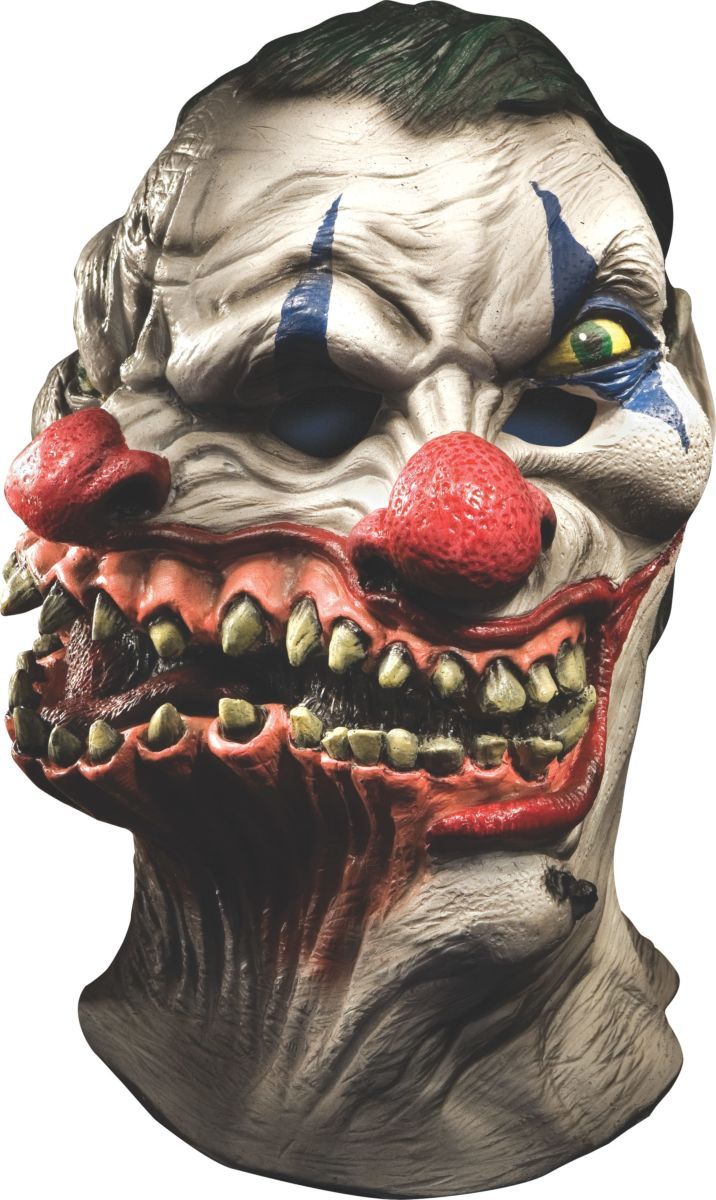 A close up of a clown mask on a white background