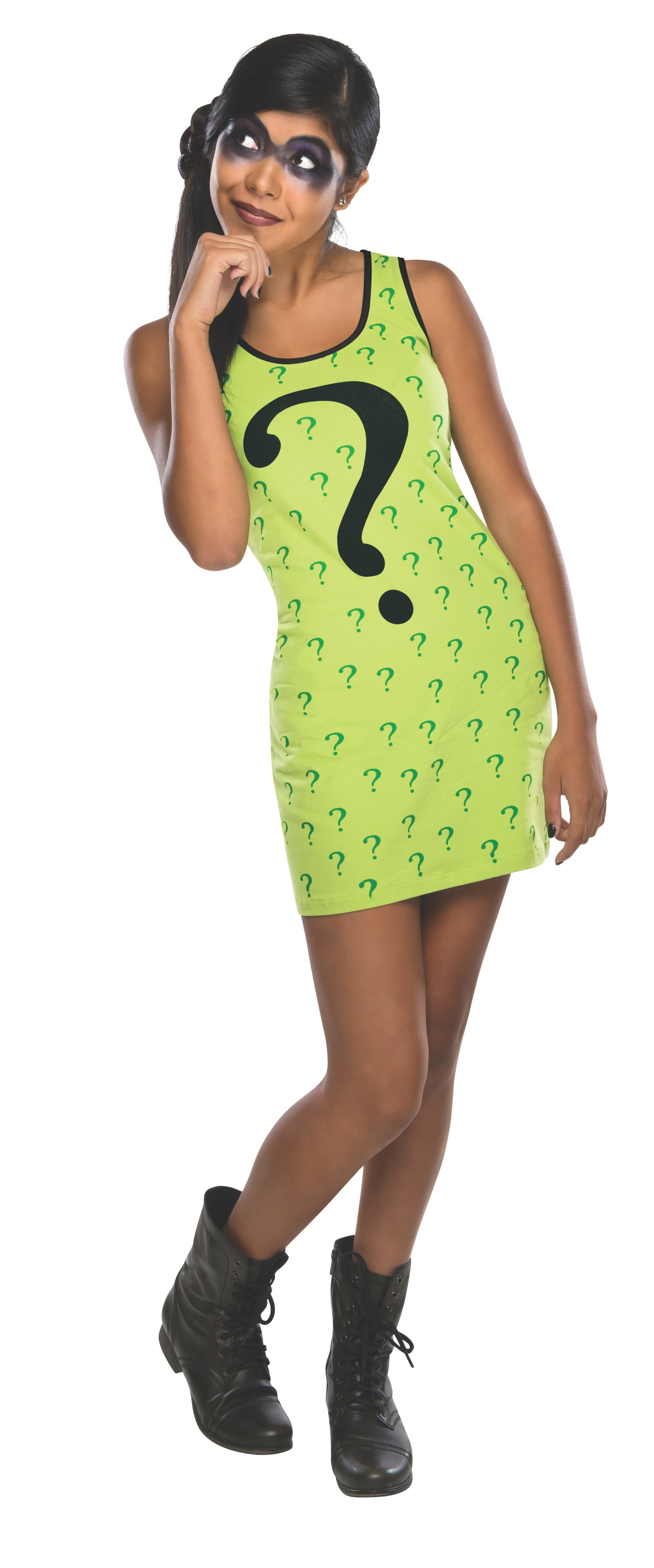A woman in a green dress with a question mark on it