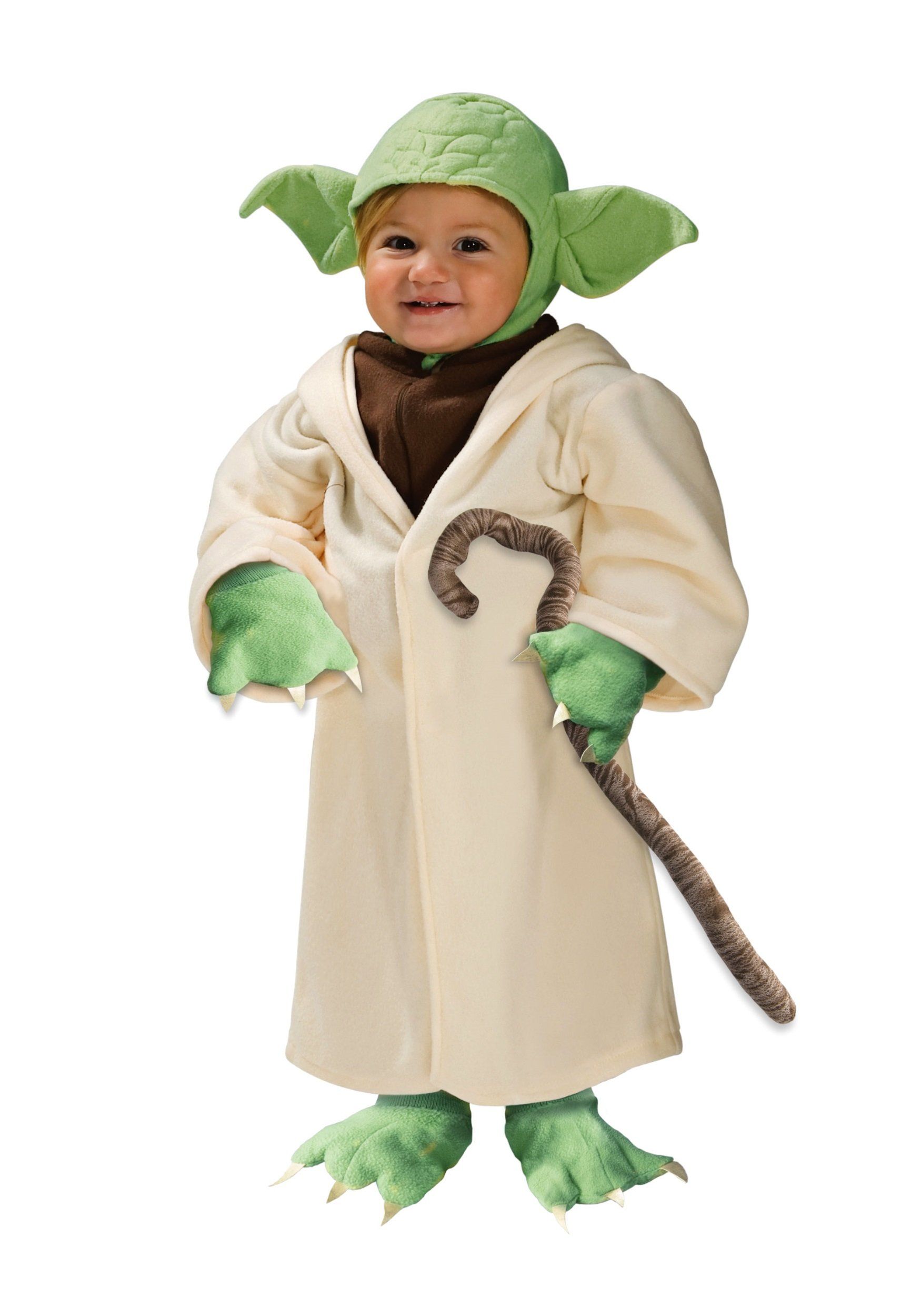 A baby in a yoda costume is holding a cane