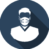 Person wearing a face mask and medical scrubs, white icon on a dark blue circle.