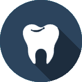 White tooth icon on a dark blue circular background.